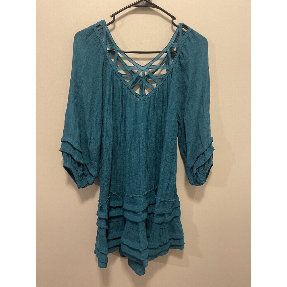 Umgee Plus Size Small Bohemian Boho Cut Out Tiered Ruffle Tunic Top Jade - Picture 2 of 3